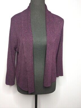 Jana Sparkly Plum Metallic Knit Open Front Cardigan Sweater Size M - EUC
